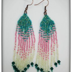 Green Pink & Cream Crystal Beaded Earrings